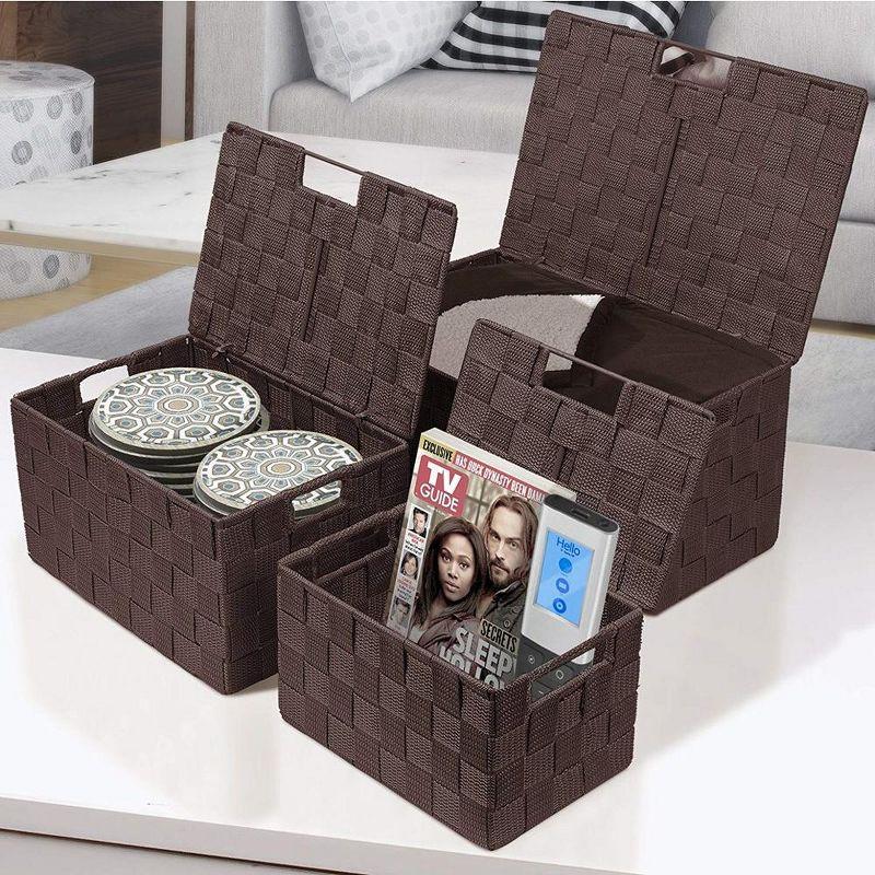 Brown Woven Polypropylene Stackable Storage Basket Set with Lids