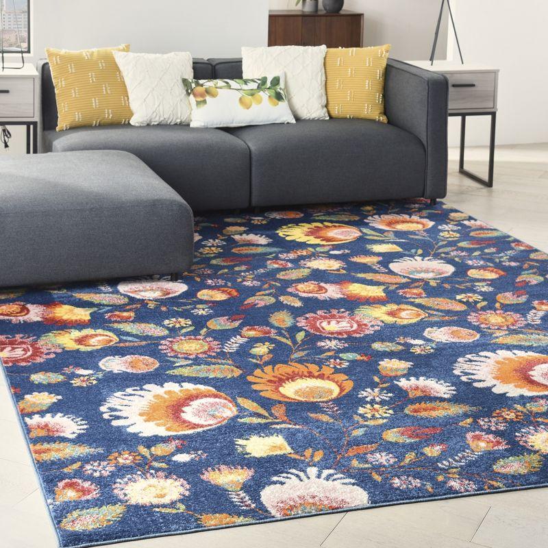 Navy Multicolor Floral Synthetic 8' x 10' Easy-Care Area Rug