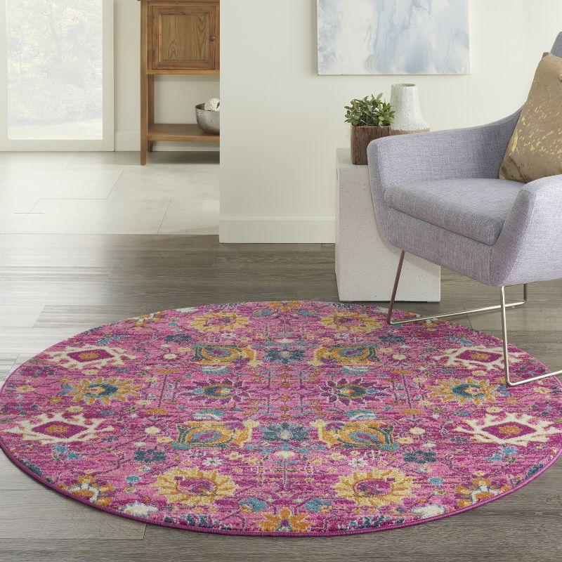 Fuchsia Floral Power-Loomed Round Synthetic Rug - 5'3"