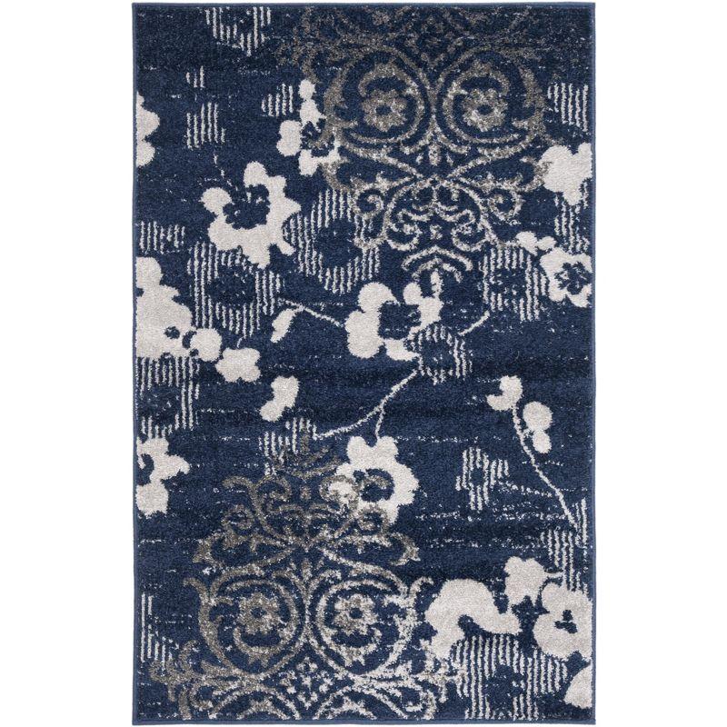 Navy and Silver Floral Synthetic Easy Care Area Rug, 2'6" x 4'