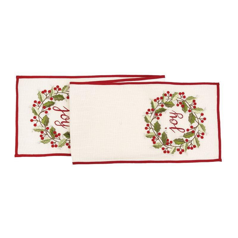 Off-White and Red Cotton Embroidered Winter Table Runner