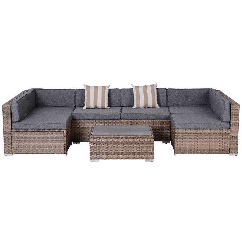 Outsunny 7-Piece Patio Furniture Set, Outdoor Wicker Conversation Set, All Weather PE Rattan Sectional Sofa w/ Faux Wood Table, Stripe Pillows, Gray