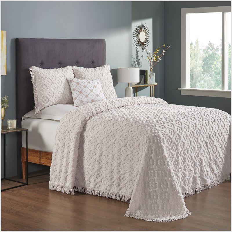 Better Trends Charleston Collection 100% Cotton Bedding sets, Machine Washable Soft and Breathable 4-piece Chenille Bedspread & Sham with Geometric Embroidery, All season