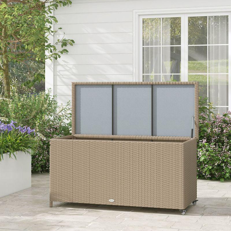 Tryimagine Outsunny 83 Gallon Deck Box, Large Outdoor Storage Chest, PE Wicker Trunk For Outside On Wheels For Garden Tools, Pool Toys & Patio Furniture Cushions