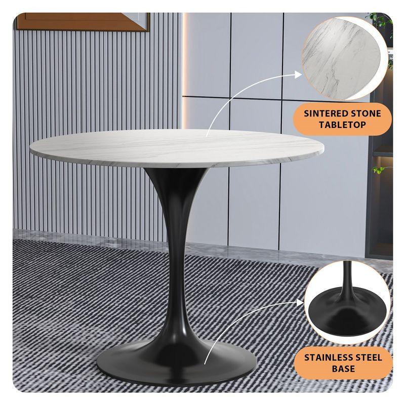 LeisureMod Verve Mid-Century Modern Table with a 36" Round Sintered Stone Tabletop and Black Steel Pedestal Base for Kitchen and Dining Room