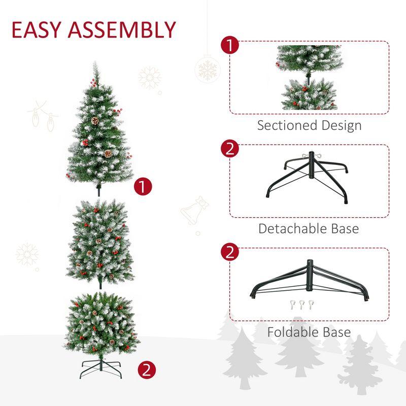 HOMCOM 7.5 FT Pre-Lit Snow-Dipped Artificial Christmas Tree with Realistic Branches, 350 LED Lights, Pine Cones, Red Berries and 1075 Tips