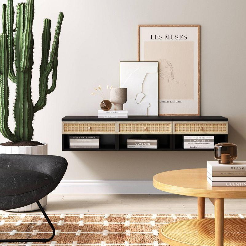 Black and Rattan Floating Nightstand with Storage Drawer and Cubby