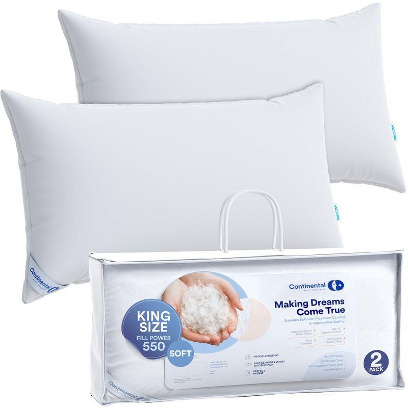 ContinentalBedding Continental Bedding Soft Down Pillows, 2-Pack, 550FP, 75% Down 25% Feather, 400TC 100% Cotton Cover (Set of 2)