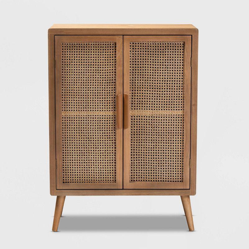 Alina Wood and Rattan 2 Door Accent Storage Cabinet Oak - Baxton Studio: Bohemian Style, Fixed Shelves, No Assembly Required