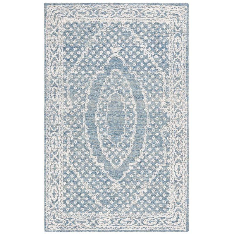 Ivory and Navy Tufted Handmade Wool Area Rug, 6' x 9'