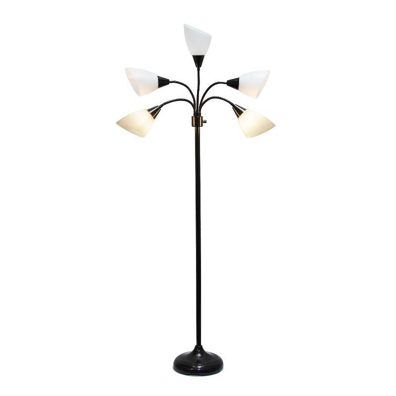 67" Black Adjustable Multi-Head Floor Lamp with White Shades