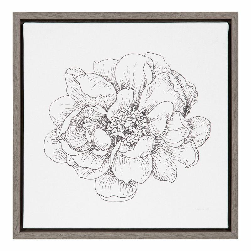 16" x 16" Greywash Framed Pen and Ink Floral Canvas Art