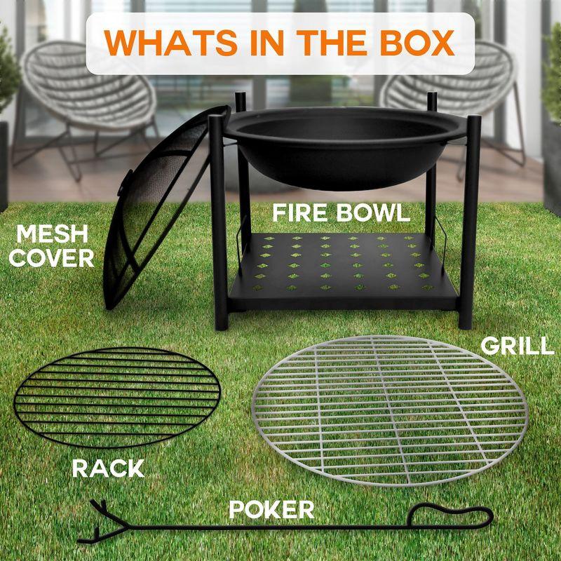 SereneLife Portable Outdoor Wood Fire Pit - 2-in-1 Steel BBQ Grill 26" Wood Burning Fire Pit Bowl w/ Mesh Spark Screen, Cover Log Grate SLCARFP54