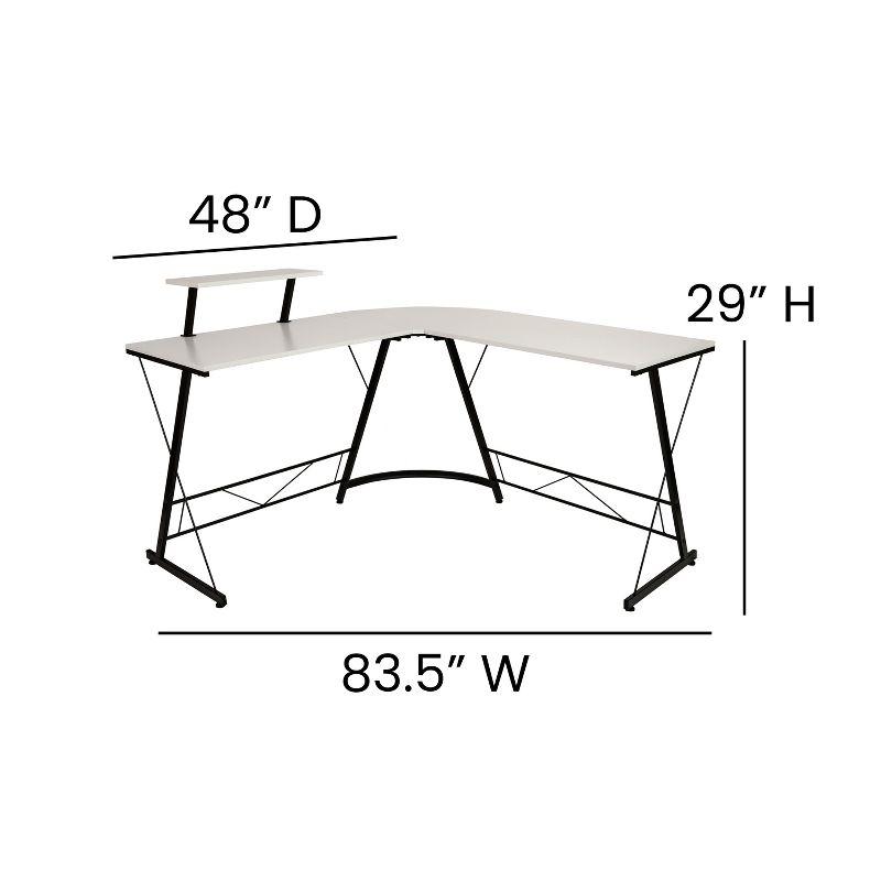 Sleek 71.5" White Laminate and Black Metal L-Shaped Gaming Desk with Monitor Stand