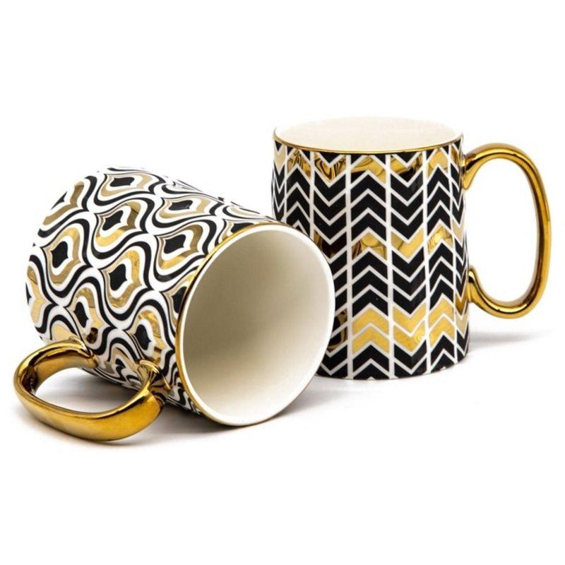 Black and Gold Geometric Ceramic Coffee Mugs, Set of 2