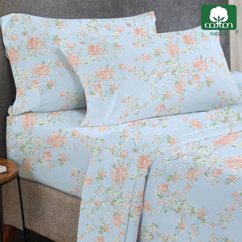 400 Thread Count 100% Cotton Printed Antique Rose Light Blue 4 Piece Sheet Set - Full - California Design Den
