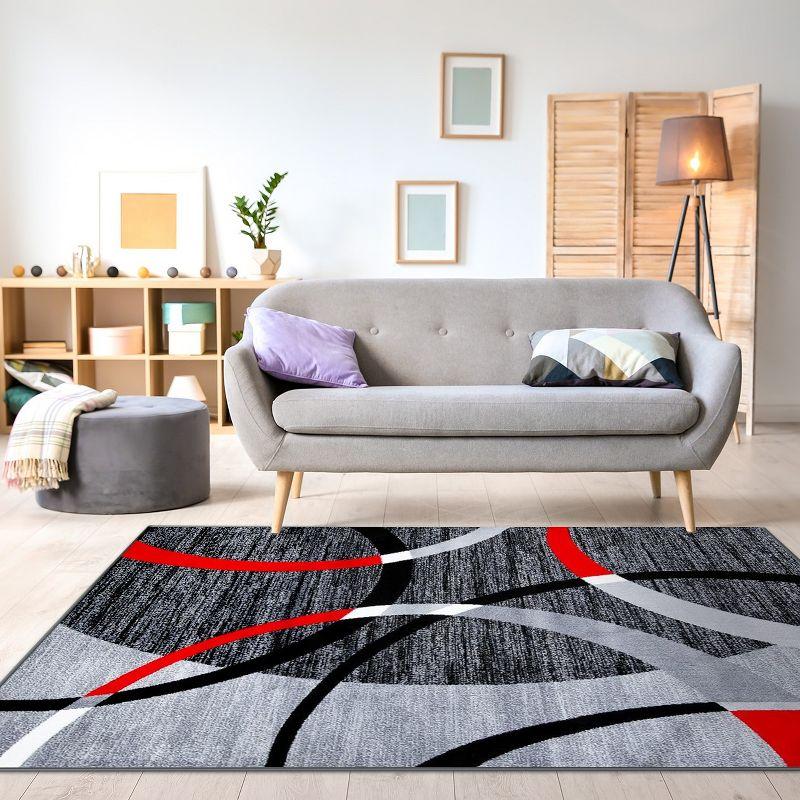 Gray and Red Abstract Geometric 2x3 Stain-Resistant Area Rug