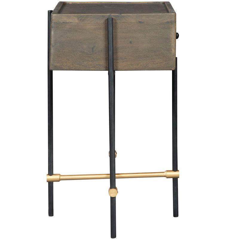 Brown Acacia and Iron Rectangular Side Table with Drawer