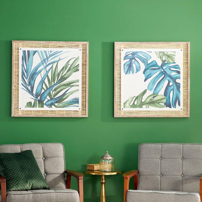 Blue and Green Abstract Leaf Wall Art with Brown Wood Frame, Set of 2