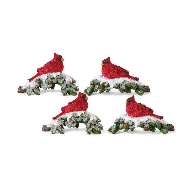 Red and White Resin Cardinal Bird Figurines on Snowy Branches, Set of 4