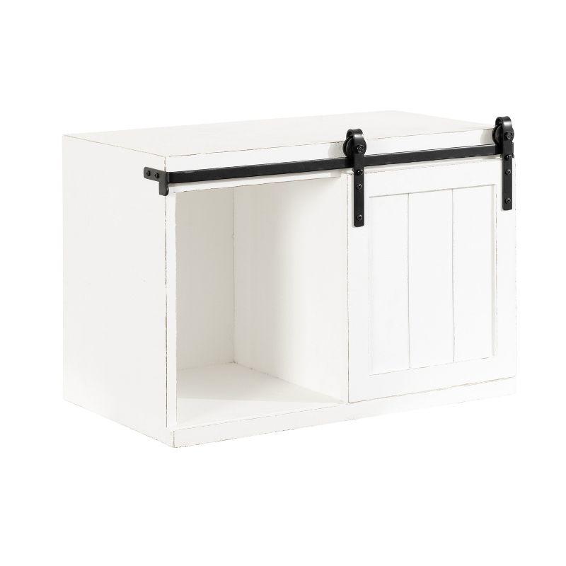 White Wood Floating Side Table with Sliding Barn Door