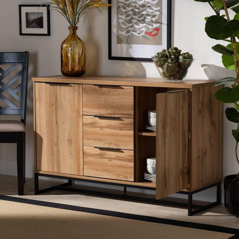 Reid Oak and Black Metal 3-Drawer Sideboard Buffet