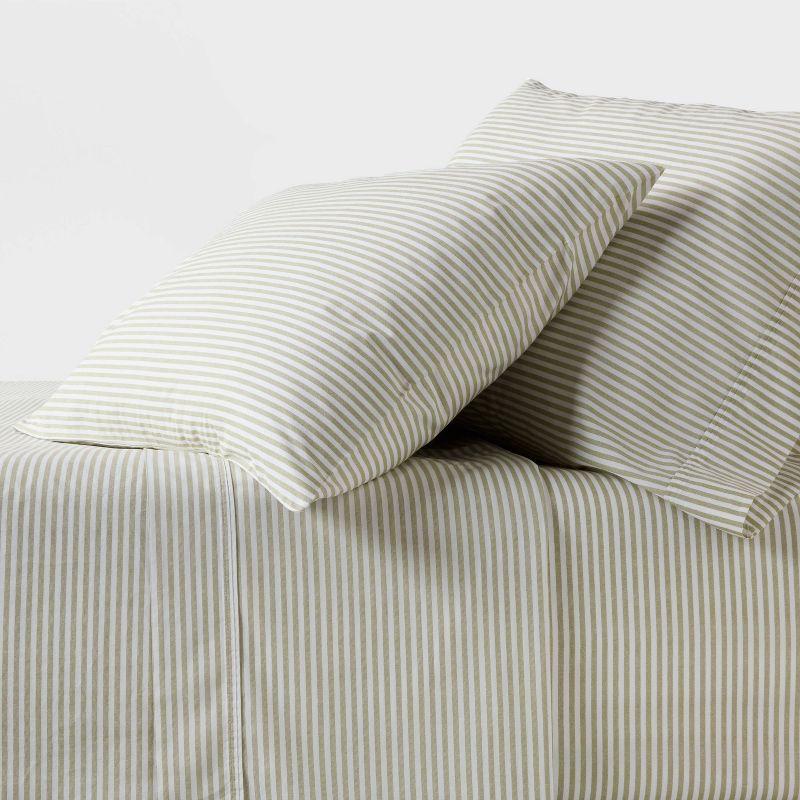 Queen 250 Thread Count Organic Percale Sheet Set Sage Green Stripe - Threshold™: GOTS & OEKO-TEX Certified, Includes 4pc