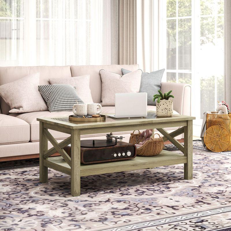 HOMCOM Farmhouse Style Coffee Table with Wood Frame, Tempered Glass Tabletop and Underneath Storage Shelf for Living Room, Gray