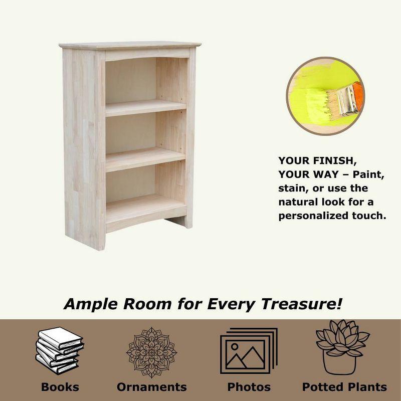 36"x24" Shaker Bookcase Unfinished - International Concepts: Rubberwood Material, 3 Fixed Shelves, Enclosed Back