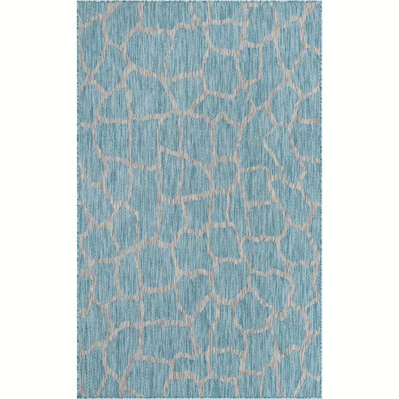 Aqua Blue Abstract Low Pile Indoor/Outdoor Area Rug