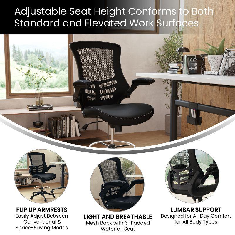 Flash Furniture Kelista Mid-Back Black Mesh Ergonomic Drafting Chair with LeatherSoft Seat, Adjustable Foot Ring and Flip-Up Arms