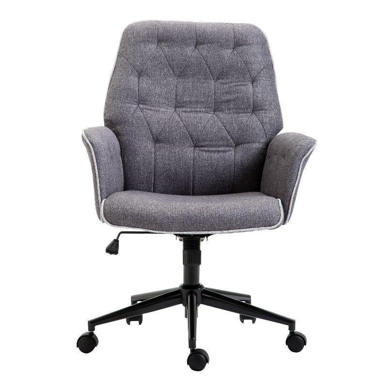 Vinsetto Modern Mid-Back Tufted Linen Home Office Desk Chair with Arms, Swivel Adjustable Task Chair, Upholstery Accent Chair with Soft Seat, Gray