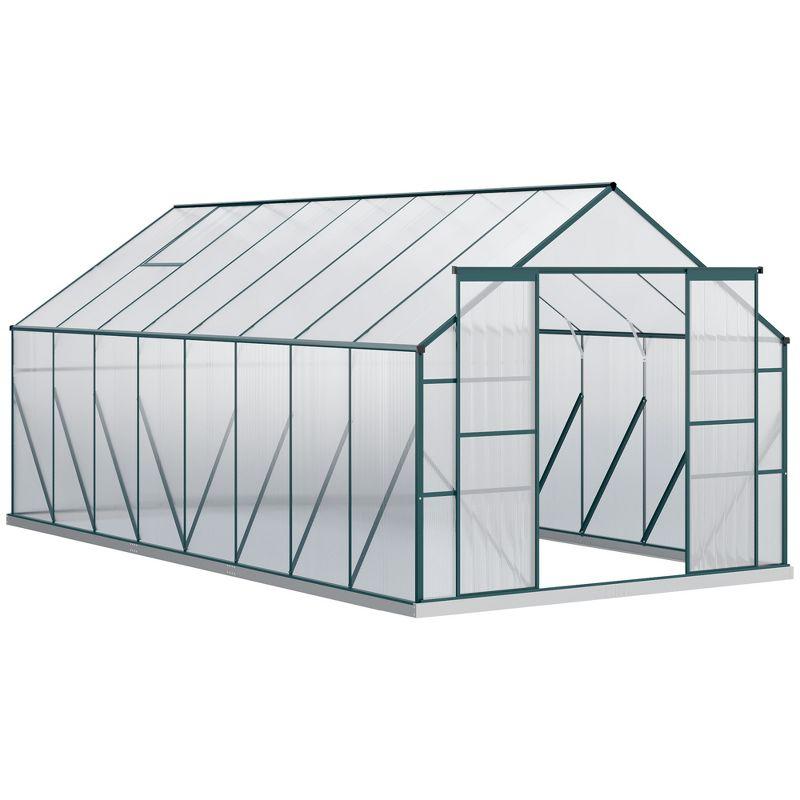 Outsunny 16' X 8' Aluminum Greenhouse Polycarbonate Walk-In Garden Greenhouse Kit With Adjustable Roof Vent, Rain Gutter And Sliding Door For Winter, Clear