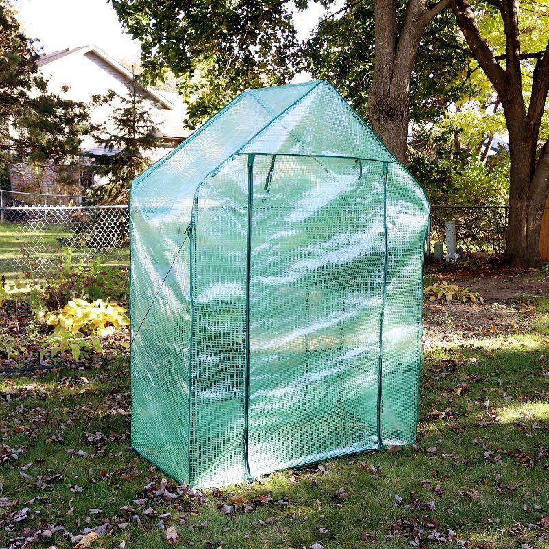 Sunnydaze Outdoor Portable Tiered Growing Rack Deluxe Walk-In Greenhouse with Roll-Up Door - 4 Shelves - Green