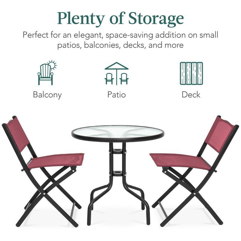 Best Choice Products 3-Piece Patio Bistro Dining Furniture Set w/ Glass Tabletop, Folding Chairs - Burgundy