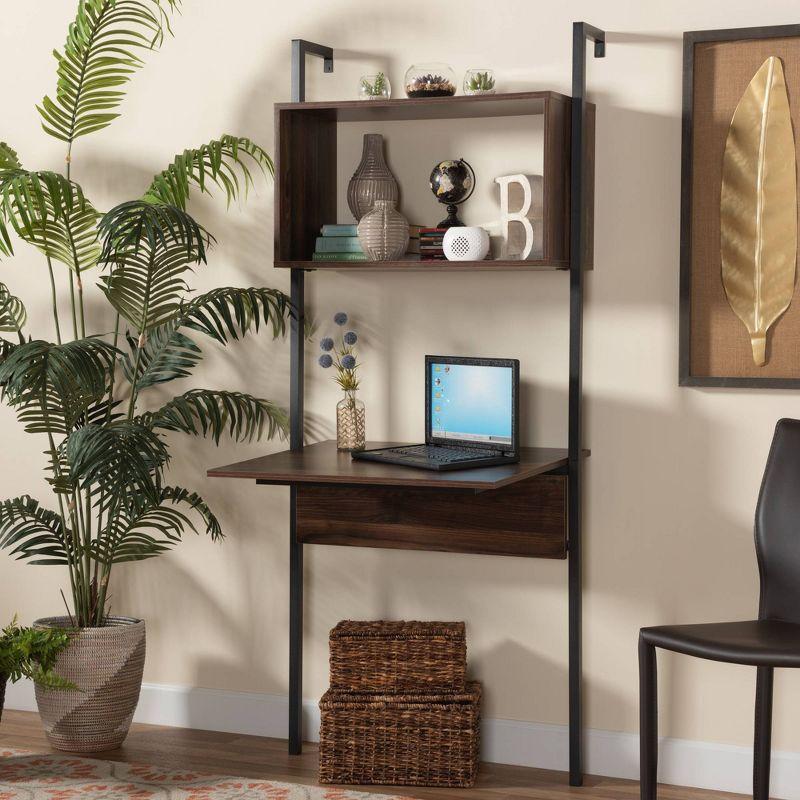 Fariat Walnut Brown Wood and Black Metal Display Shelf with Desk