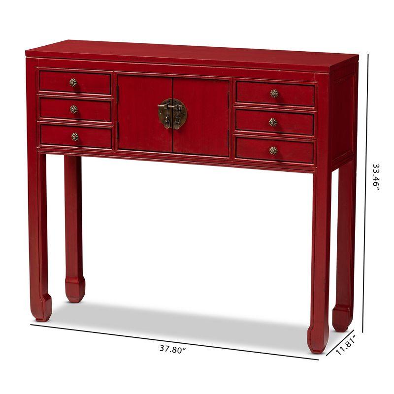 Melodie 6 Drawer Console Table Red - Baxton Studio: Antique-Inspired, Bayur Wood, Bronze Handles