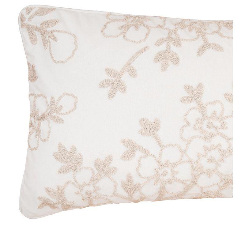 Ella 12" x 24" Beige Floral Embroidered Cotton Throw Pillow