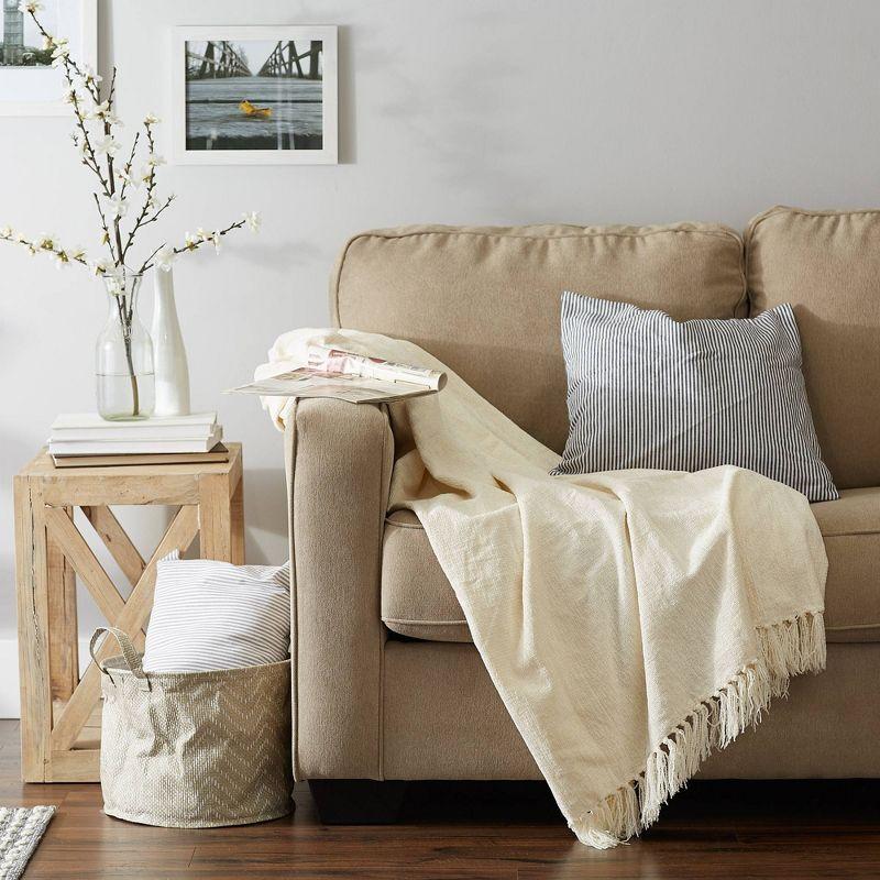 Cream Knitted Chenille Throw Blanket with Fringe