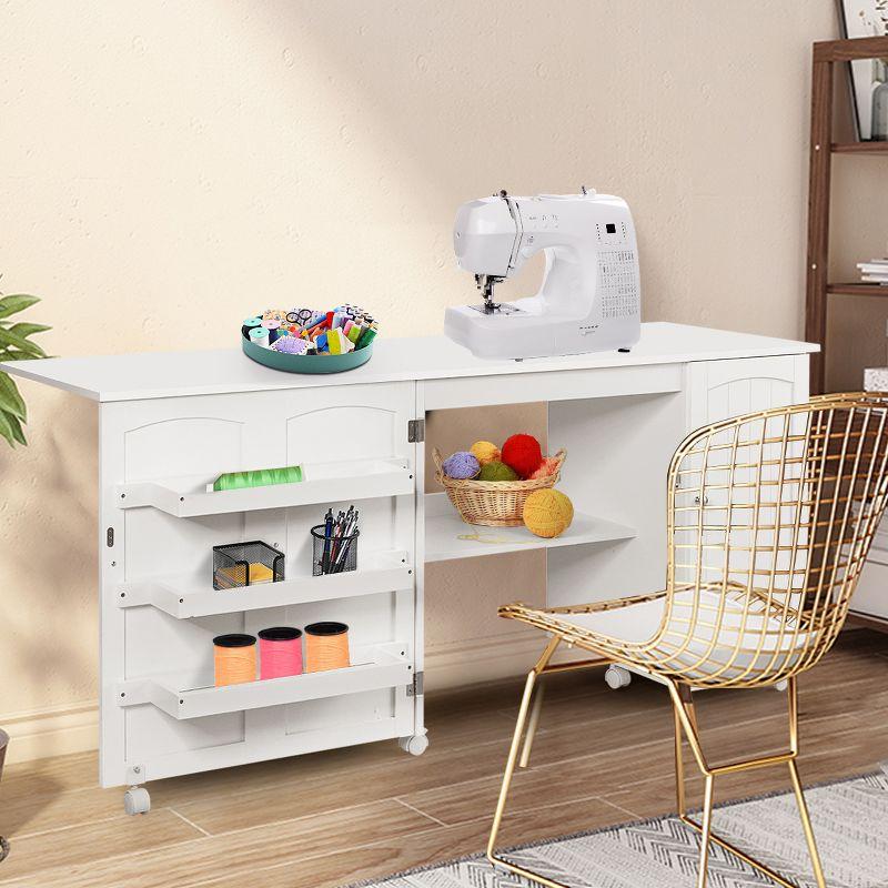 Folding Sewing Table Shelves Storage Cabinet Craft Cart W/Wheels Large White