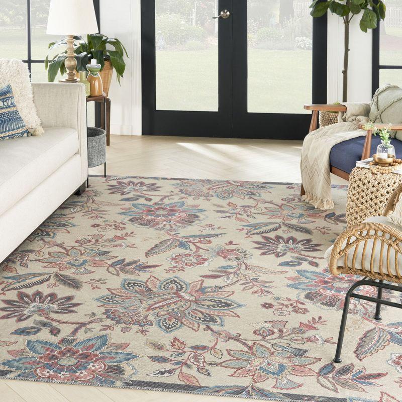 Beige Floral Chenille Rectangular Washable Area Rug