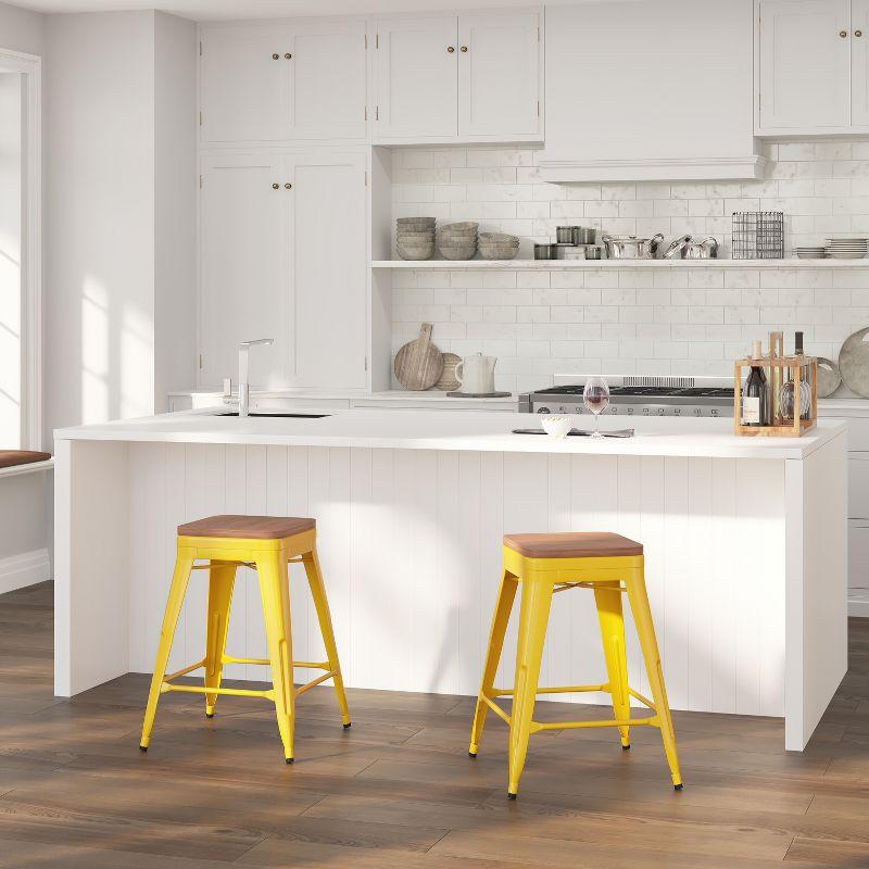 Yellow Backless Metal Dining Stool with Wooden Seat, 25"