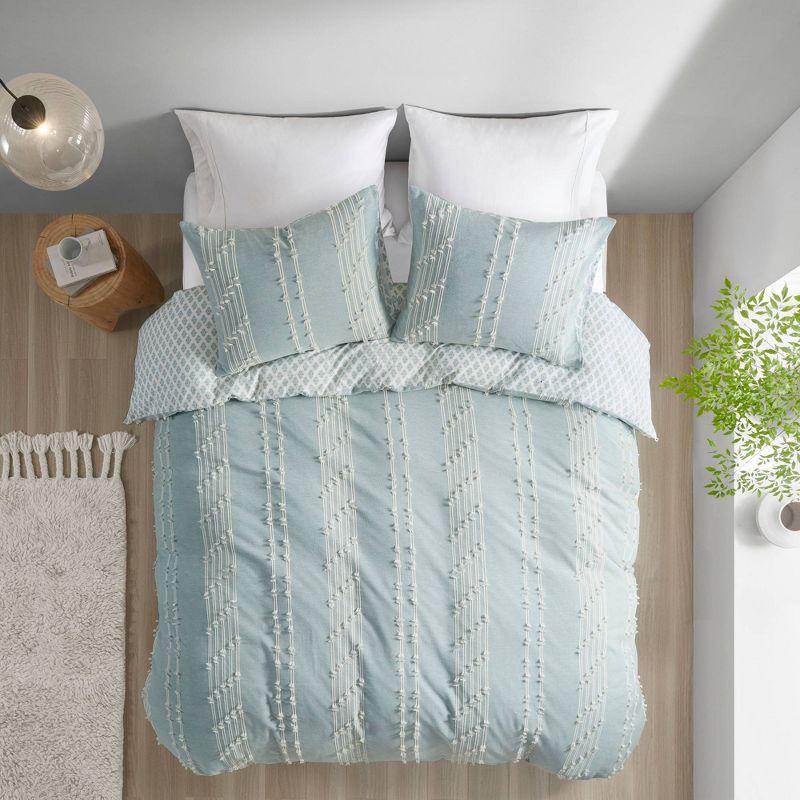 Ink+Ivy 3pc King/California King Kara Cotton Jacquard Duvet Cover Set Aqua: Reversible, Lightweight, OEKO-TEX Certified