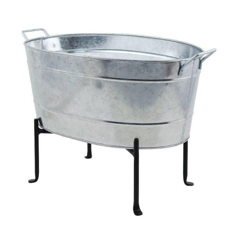 24" Classic Oval Galvanized Tub With Folding Stand Steel - ACHLA Designs: Wrought Iron Beverage & Plant Stand