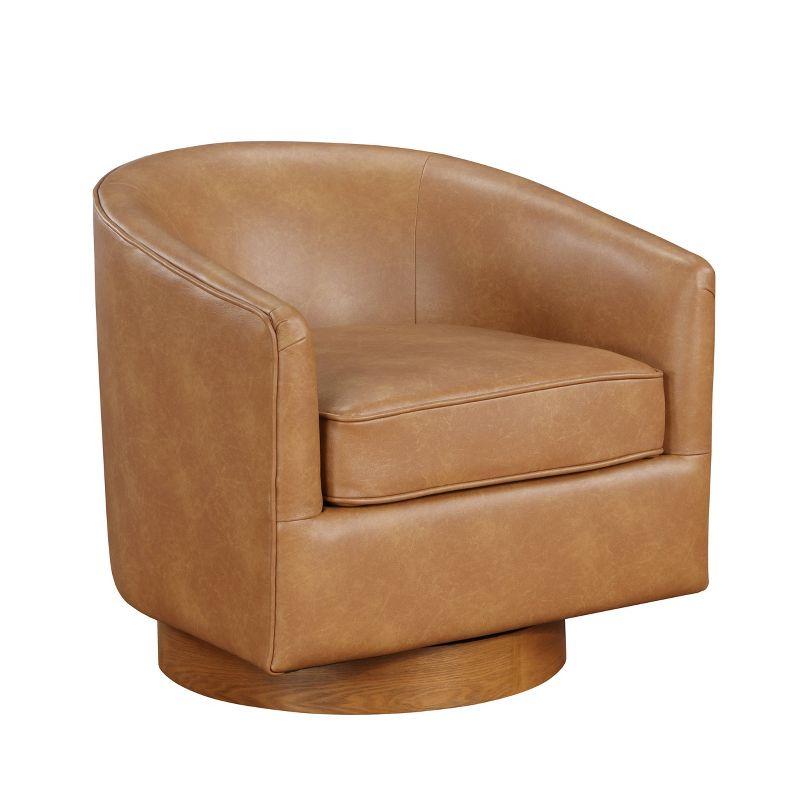 Saddle Brown Faux Leather Wood Swivel Barrel Chair