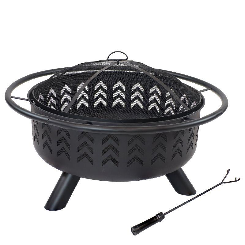 Sunnydaze Arrow Motif Heavy-Duty Steel Fire Pit with Spark Screen, Built-In Grate, and Cover - 36-Inch Round - Black