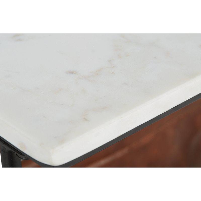 Transitional Black Metal & White Marble Side Table with Brown Faux Leather Magazine Holder