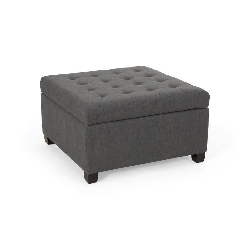 Isabella Contemporary Tufted Fabric Storage Ottoman Dark Gray/Dark Brown - Christopher Knight Home: Upholstered Bench with Wood Legs