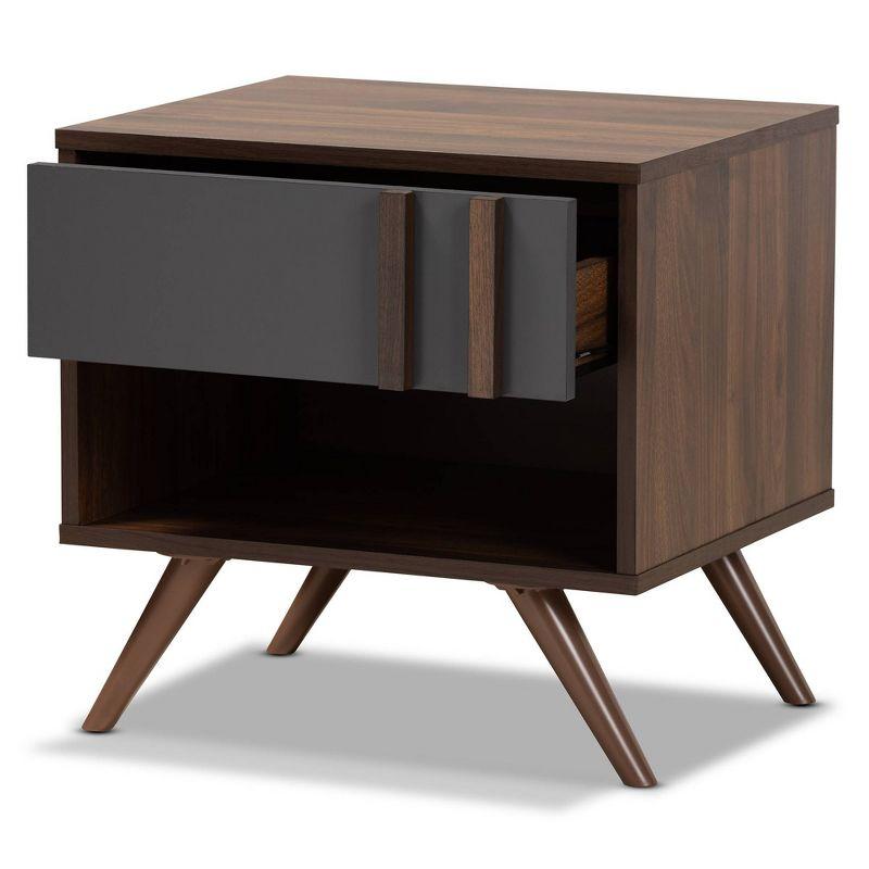 1 Drawer Naoki Two-Tone Wood Nightstand Gray/Walnut - Baxton Studio: Bedside Storage, Splayed Legs, Retro Design