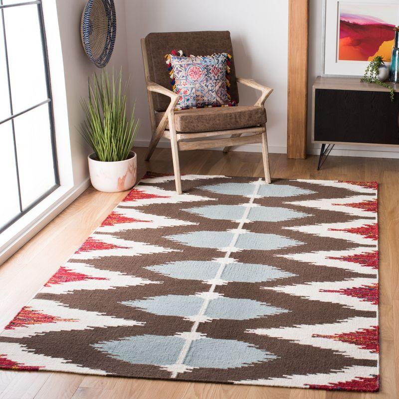 Handwoven Geometric Blue Wool Square Area Rug, 5' x 8'